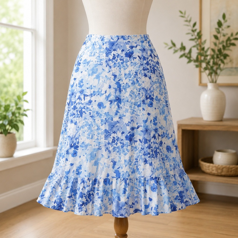 NEW Isaac Mizrahi Live! Skirt XL Blue Floral Mesh Ruffle High Low Faux Wrap